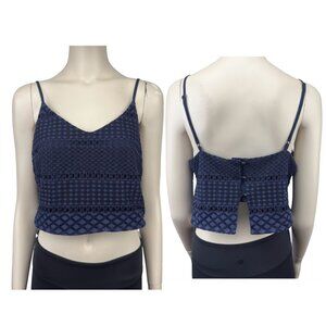 TRISTAN & ISEULT Crochet Boho Back Buttoned Navy Blue Cropped Cami Tank Top sz M